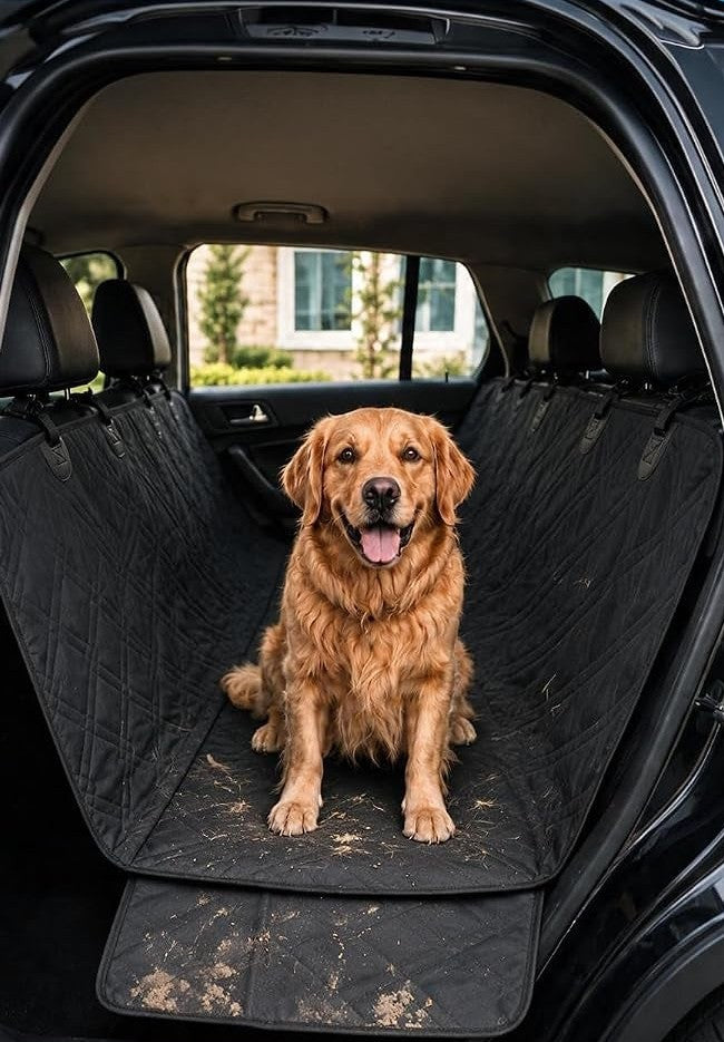 Golden retriever sitting on the Bulldogology seat cover in bench mode